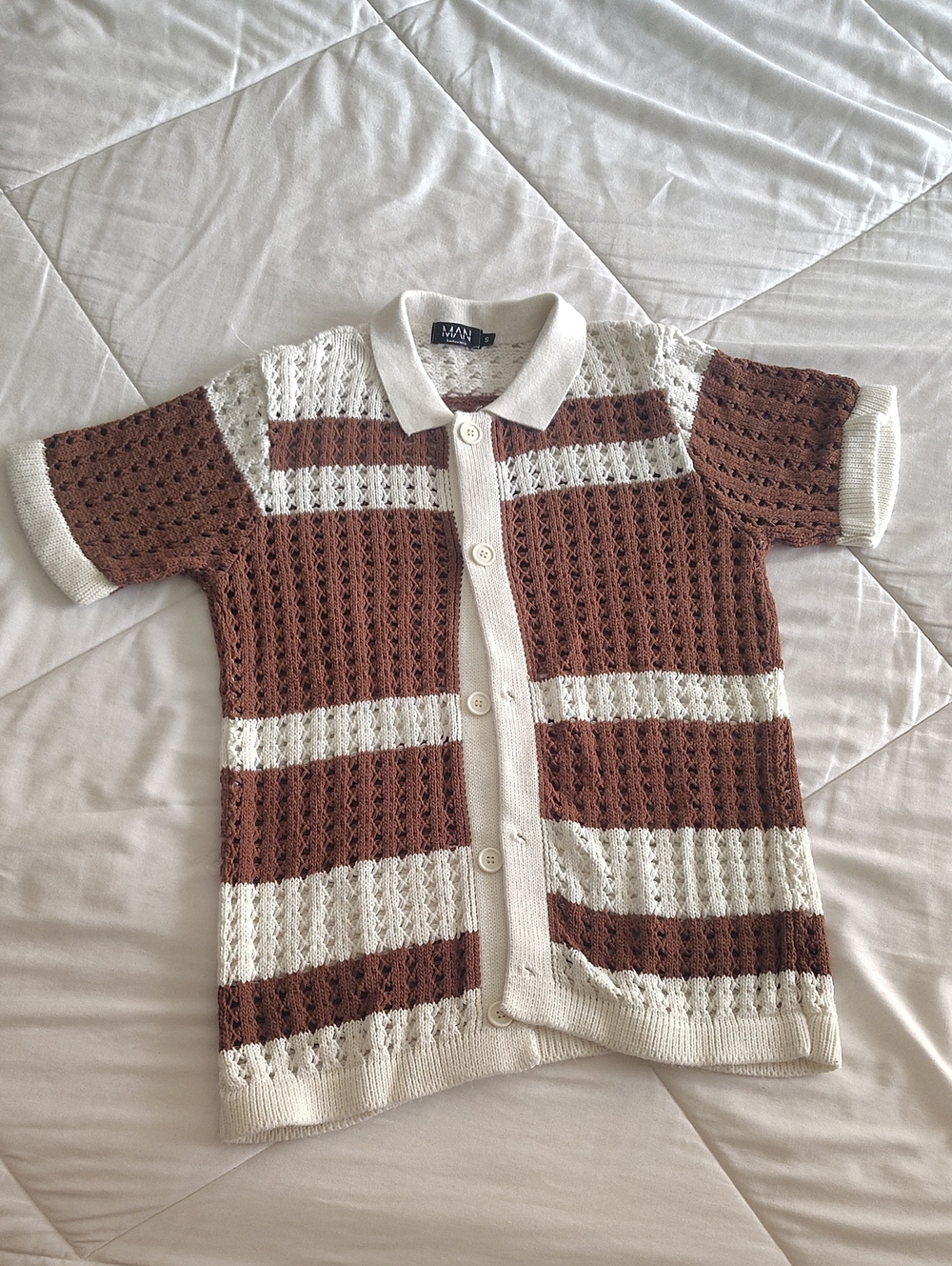 Boohoo Man Knit Button Shirt - Brown & Cream Stripes